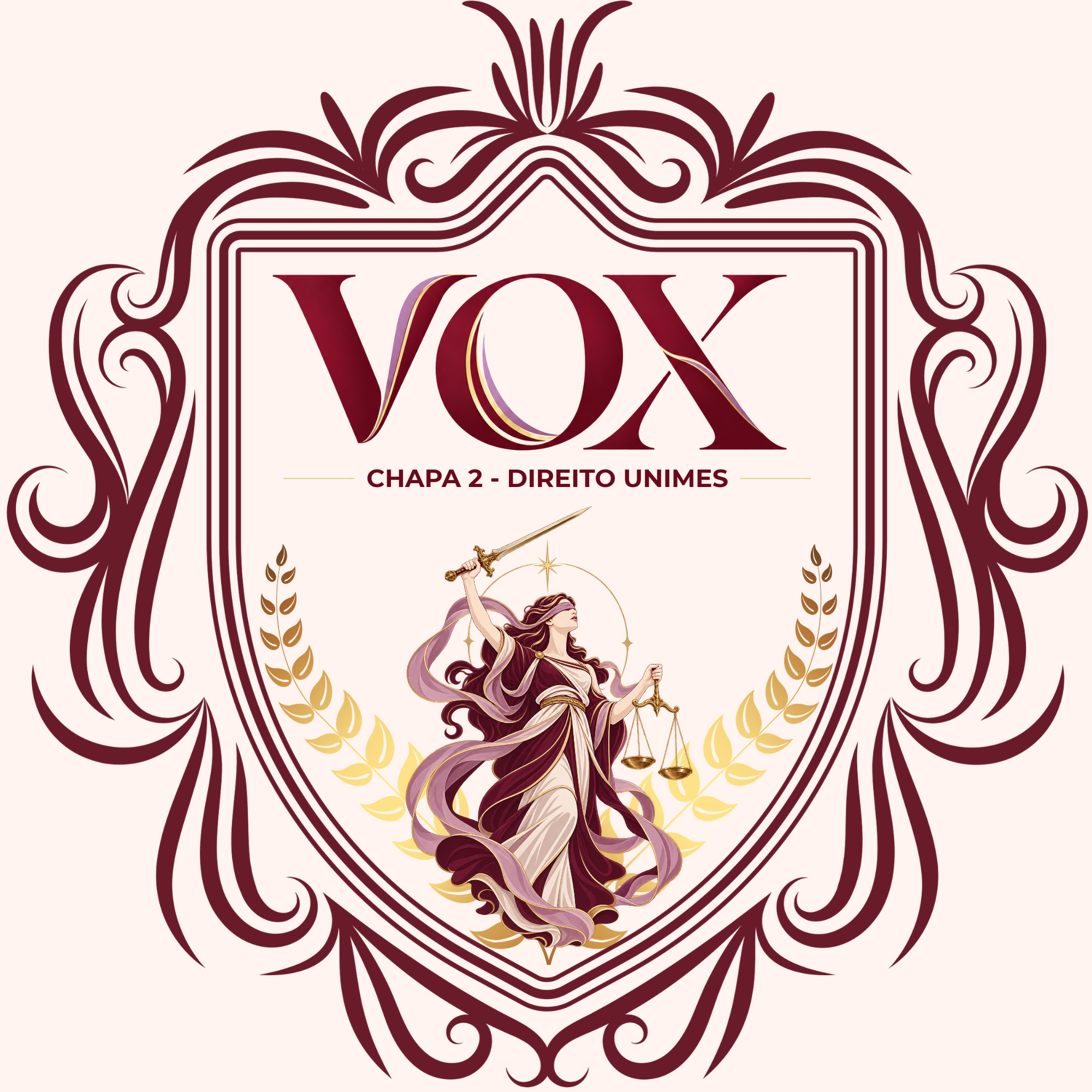 Brasão da Chapa VOX, com a figura da Justiça, espada e balança